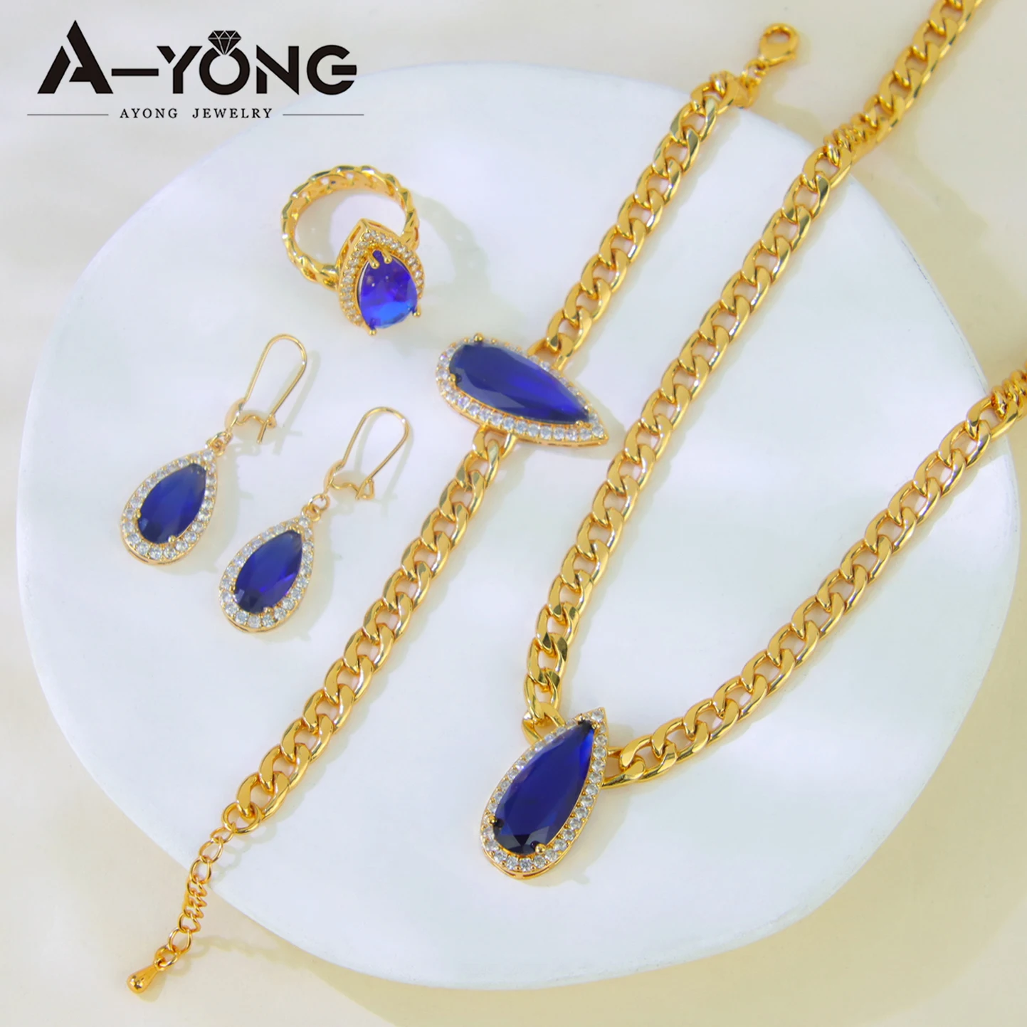 Luxuriöses brasilianisches Zirkonia-Schmuckset, 21 Karat vergoldet, bunter Wassertropfen-Anhänger, Halskette, Algerien, Damen-Hochzeitsschmuck – Detail 5