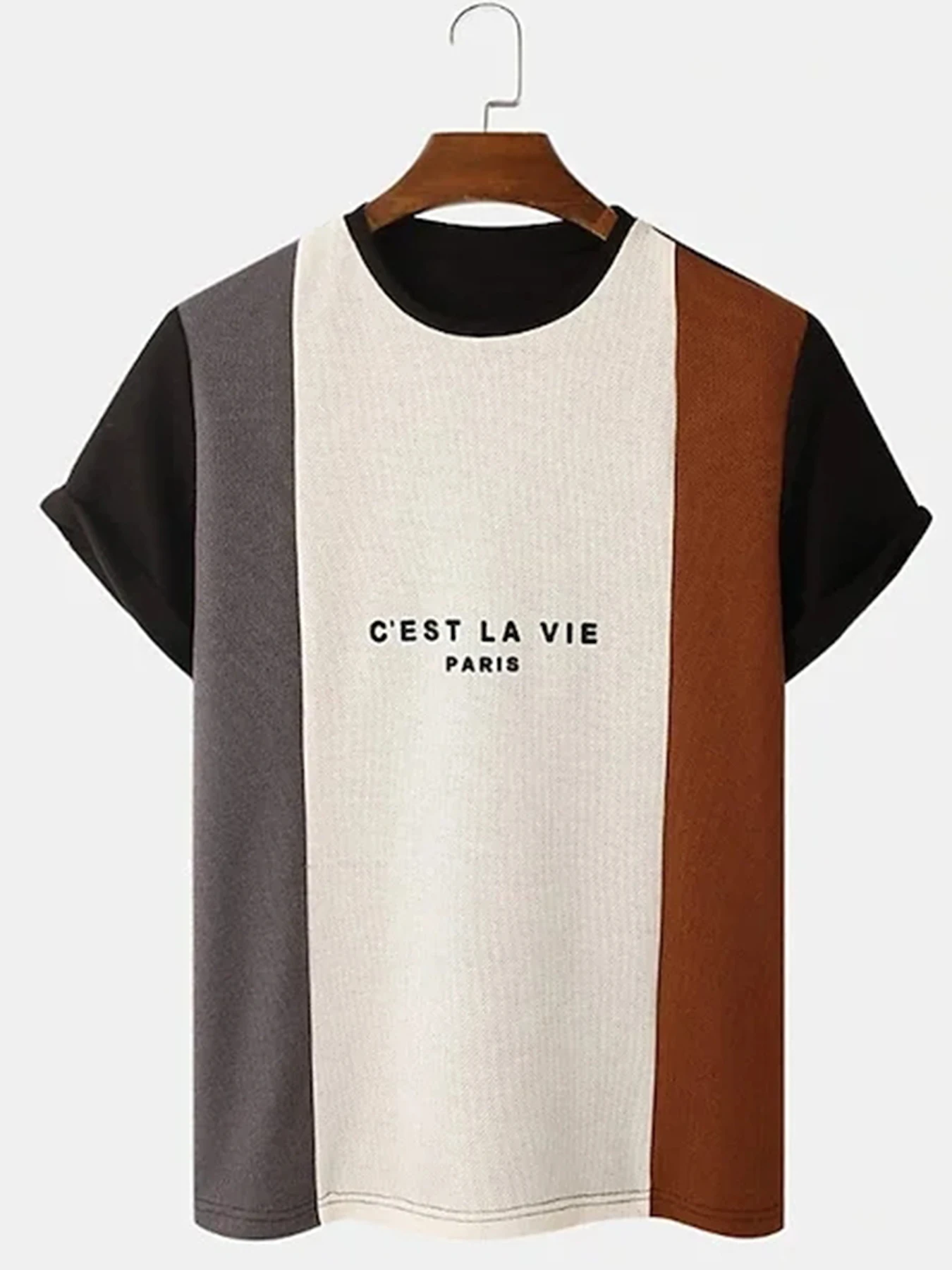 Camiseta C'EST LA VIE Paris Color Block para hombre Beige Gris Marrón Casual Manga corta Top de moda
