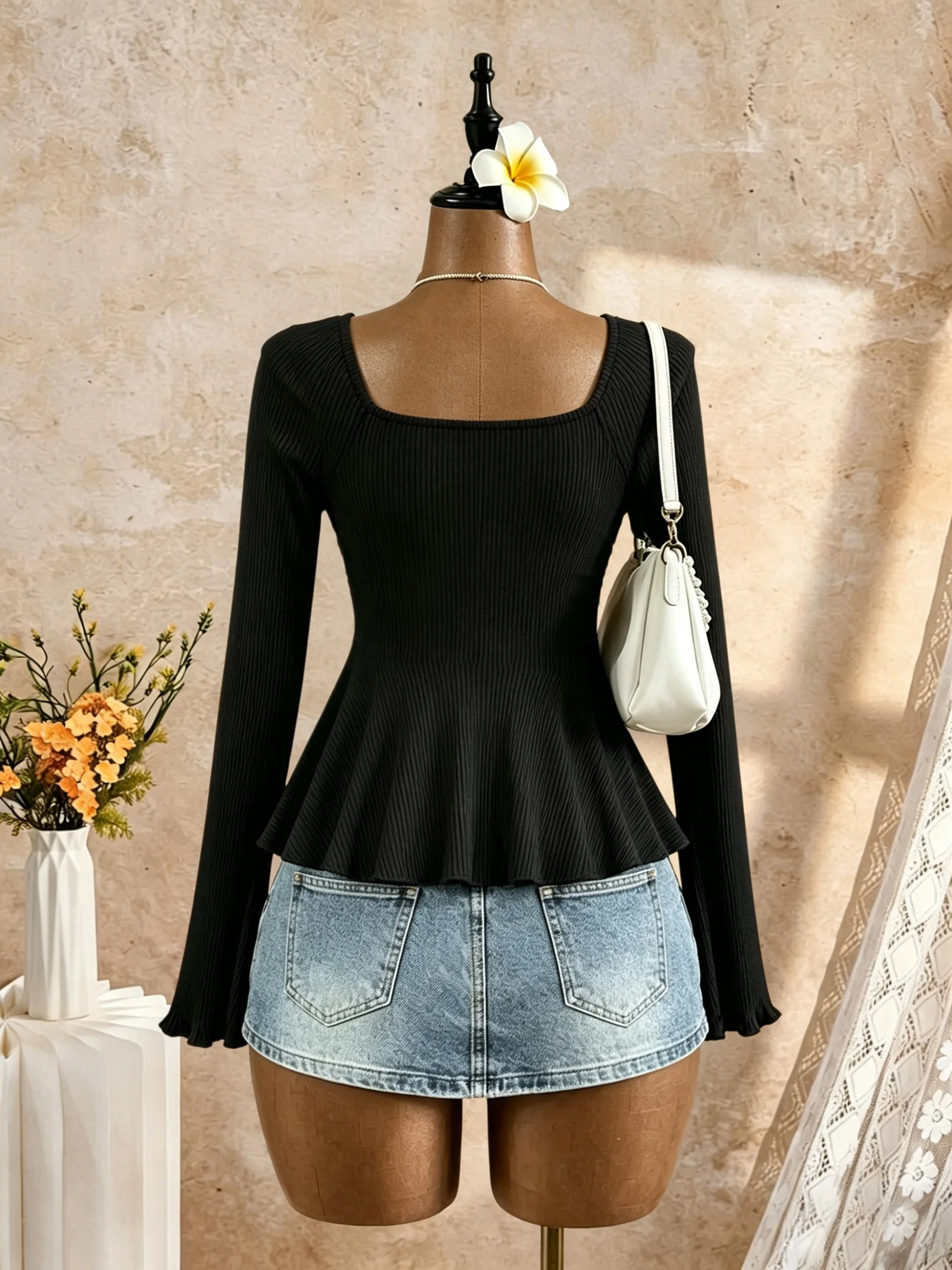 Women Square Neck Ruched Drawstring Bust Flare Long Sleeve Peplum Top Ribbed Knit Solid Black Slim Fit Casual Blouse