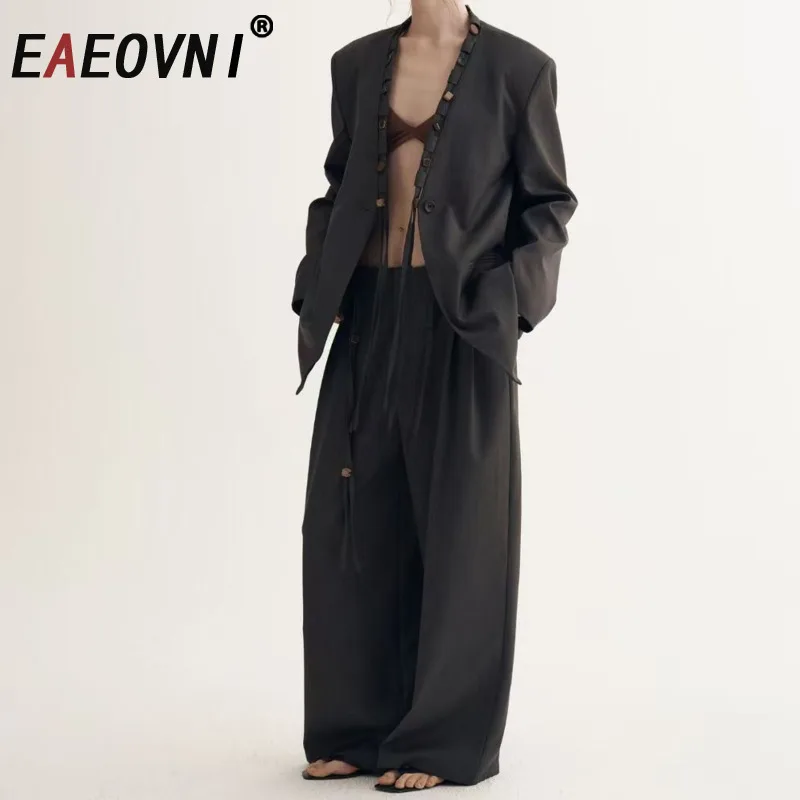 

EAEOVNI 2025 Women Two Piece Set Fashion V Neck Button Design Blazer Coat + Lace-up Waist Wide Leg Pants Office Lady 1A1115