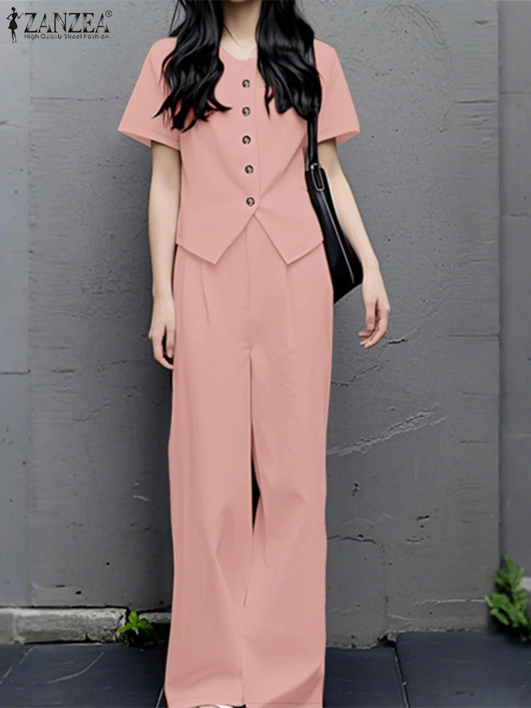 

ZANZEA 2PCS Summer Outfits Women Fashion Matching Sets Short Sleeve Buttons Blouse Work OL Trousers Suit Casual Solid Tracksuits