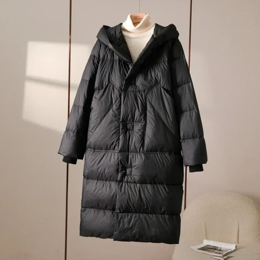 Mujer invierno nueva moda Puffer fajas con capucha de gran tamaño amarre por encima de la rodilla abrigo chaqueta de plumón de pato blanco sólido grueso cálido Mujer