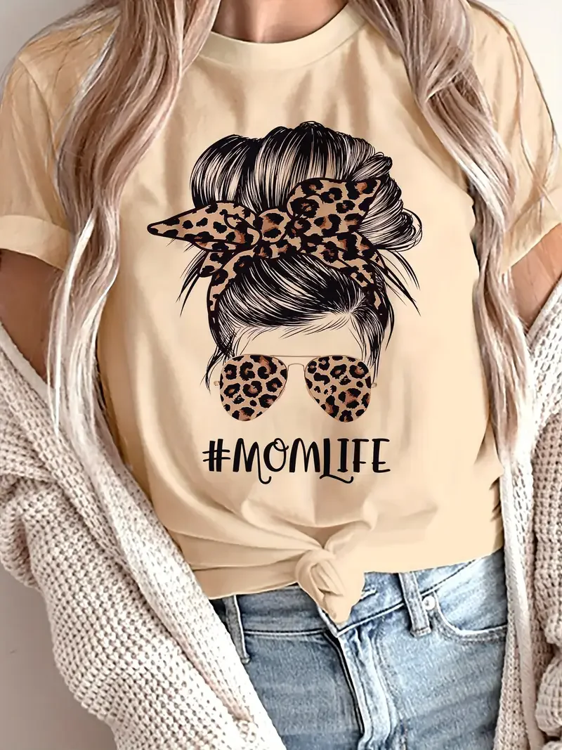T-shirt girocollo casual da donna con occhiali leopardati con fiocco ritratto grafico mamma vita lettera slogan stampa t-shirt