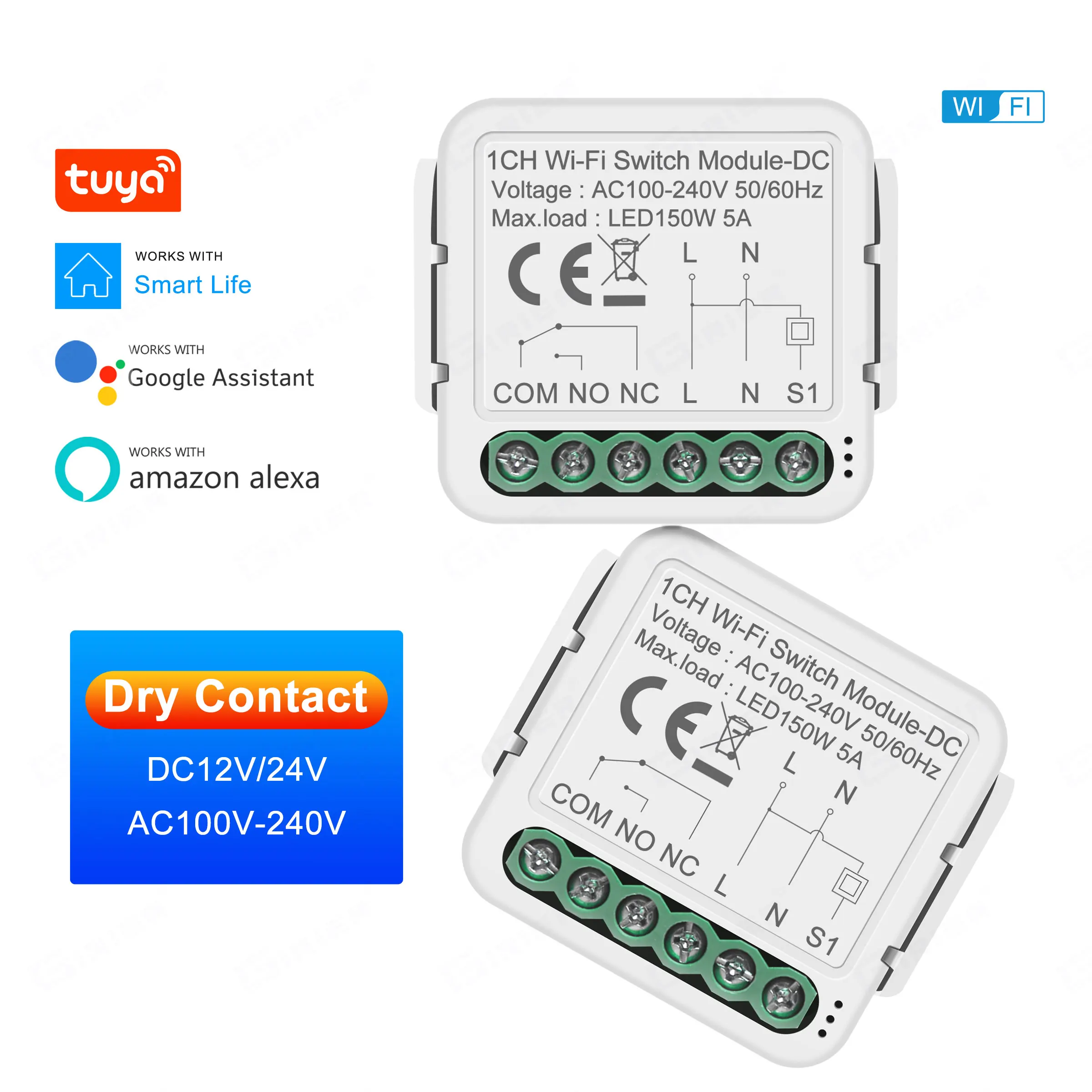 Модуль перемикання WiFi Tuya DC, Smart Home DIY Dry Contact Switch DC 12/24V AC 100-240V Сумісний з Alexa Google Home Assistant