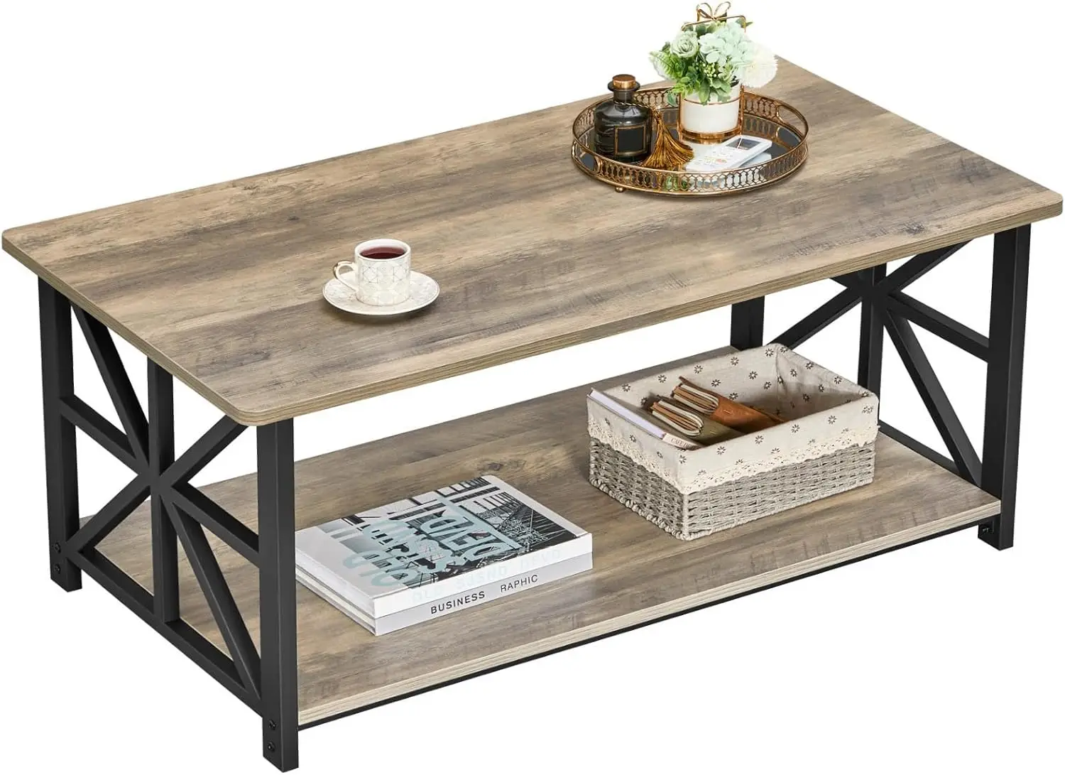

Coffee Table for Living Room with Round Corners Farmhouse Style Center Table with Storage Shelf Space Saving Easy Assembly
