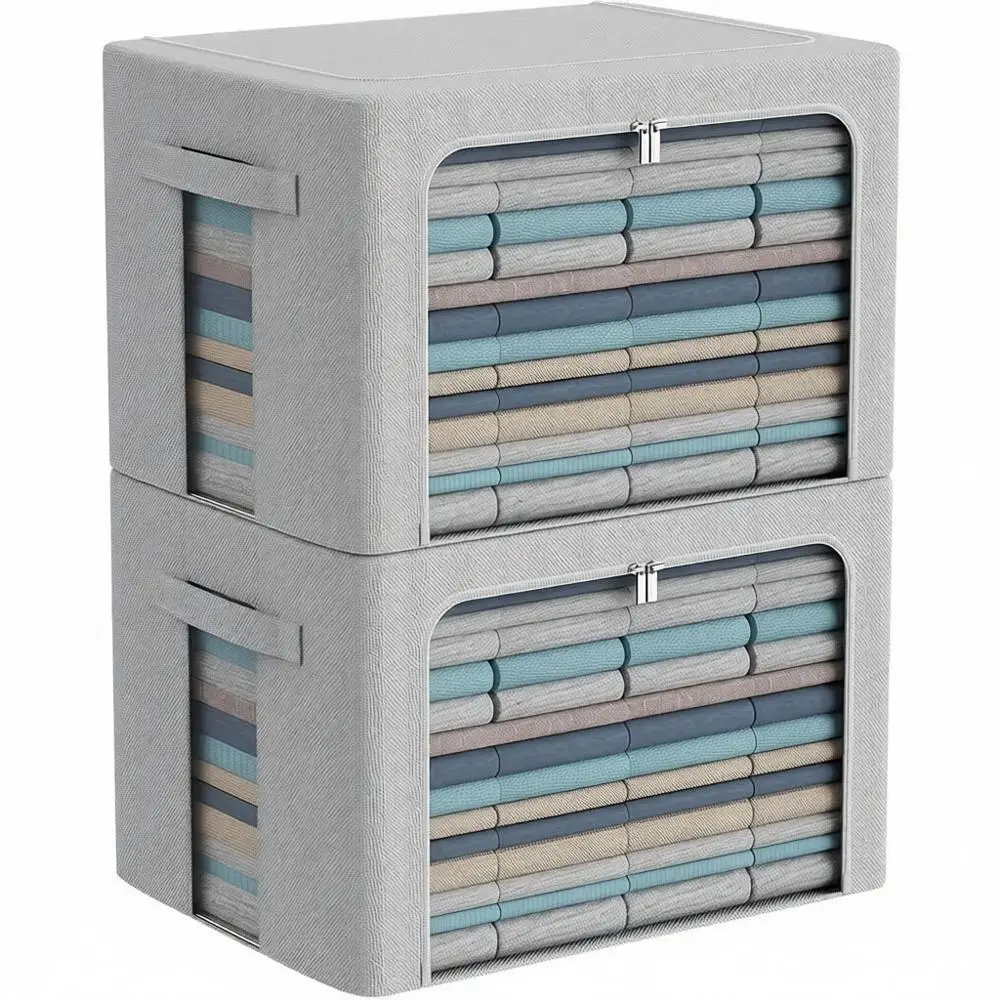 

Extra Large Clothes Storage Bins Linen Fabric Stackable Container Organizer Clear Window Carry Handles Metal Light Grey 100L