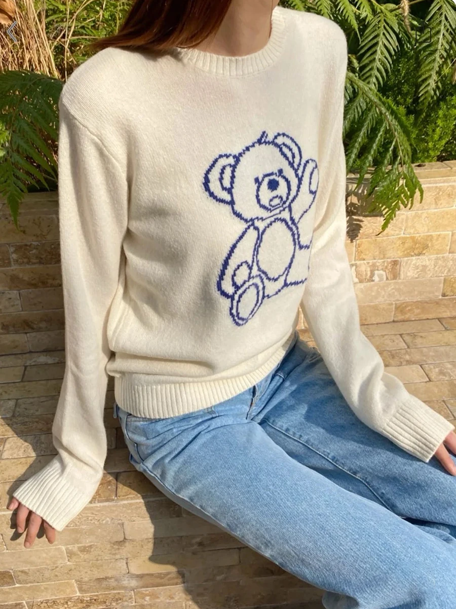 Bears Jacquard Knit Sweaters Woman Beige Spring O-neck Long Sleeve Cotton Jumper Vintage Preppy Style Cute Pull Sweater Tops Y2k