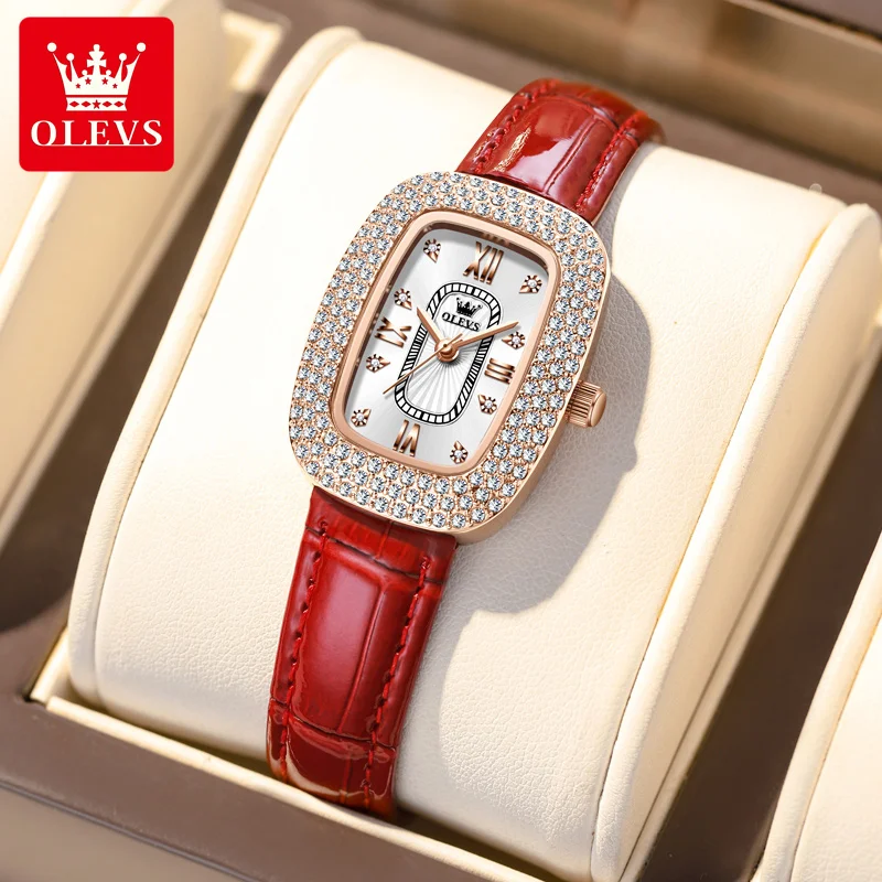 

Olevs Top Brand Ladies Watch Sparkling Diamond Leather Strap Quartz Women Wristwatch Elegant Charming Bracelet Clock Lover Reloj