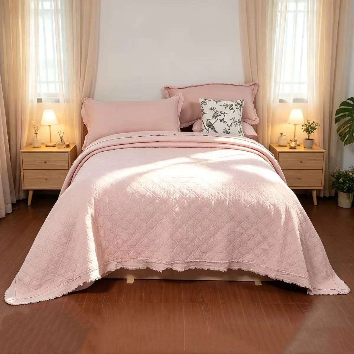 3pcs Pure Cotton Quilted Bedspread Quilt Lotus Leaf Bed Cover Queen King Size Embroidery Blanket Solid Coverlet Non-slip Sheet