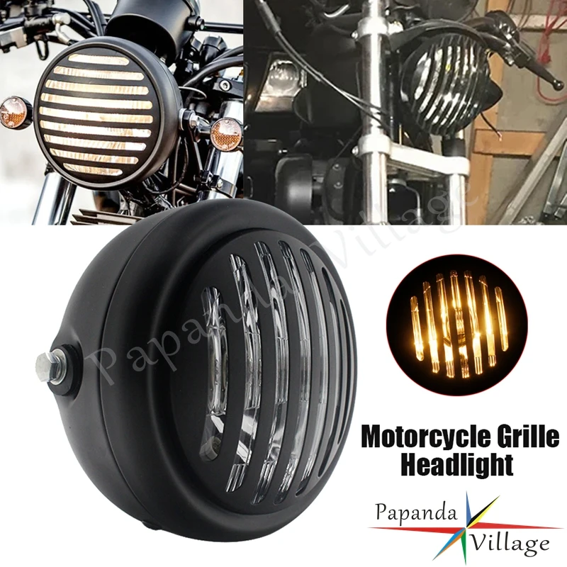 For Chopper Bobber Custom CG125 GN125 Cafe Racer Steel Motorcycle 12V Retro Front Lamp LED Headlight Grille Lights High Low Beam