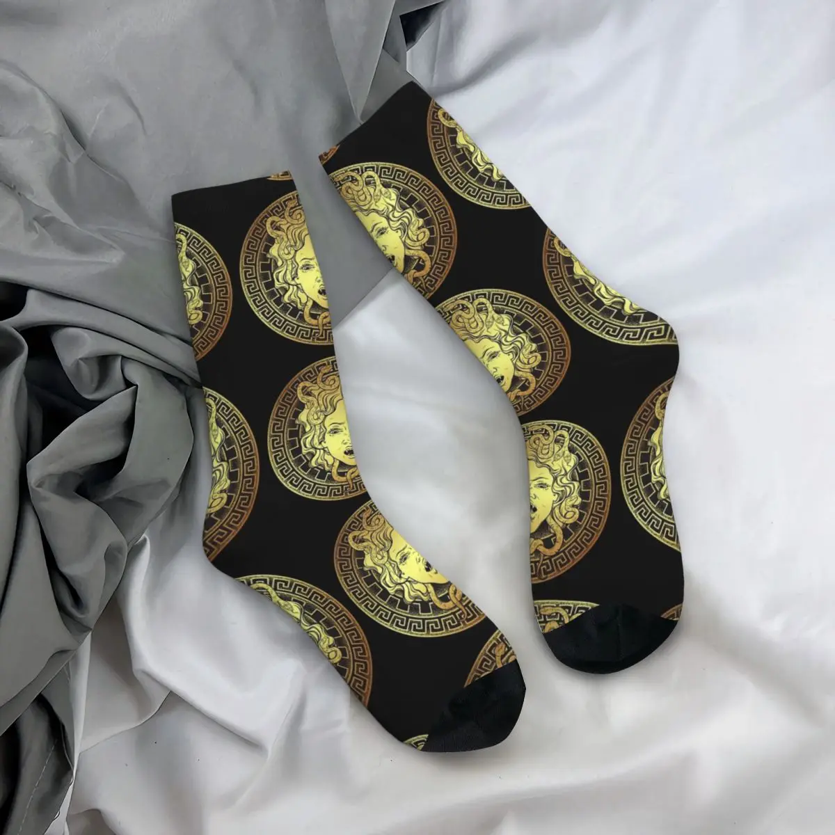 Calzini a compressione da uomo pazzi Medusa dorati retrò Unisex mitologia greca modello Harajuku stampato divertente novità Happy Crew Sock