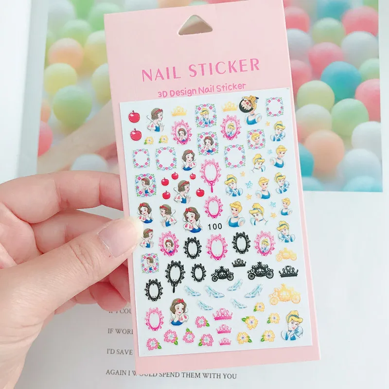 3D Disney Princess Nail Stickers Cartoon Cute Snow White Nail Design Elsa Anna Belle Rapunzel Cinderella Nail Decoration Sticker