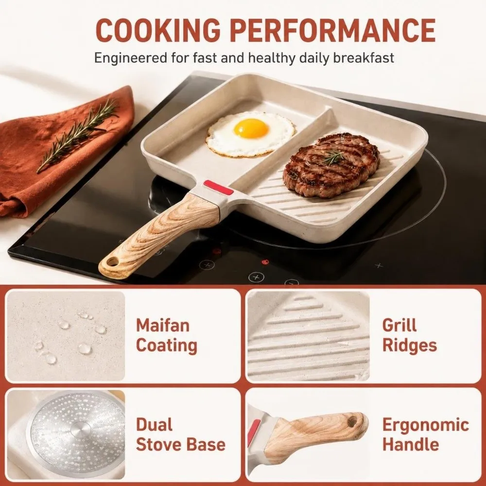 Maifan Stone Coating Divided Griddle Pan Temperature Sensing Wooden Handle Breakfast Skillet Grill Ridge Non Stick Grill Pan