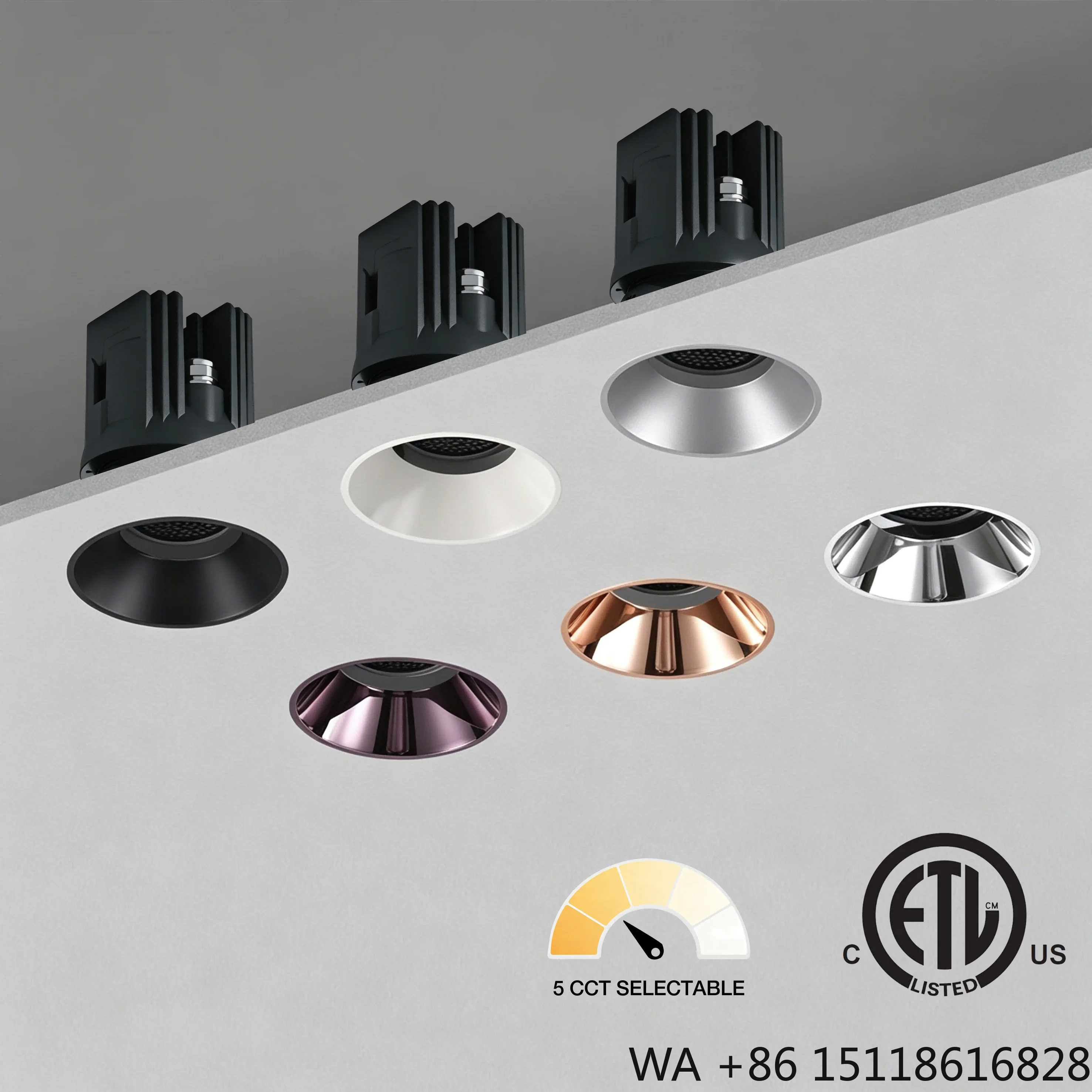 Commercial ETL Certified IP65 Aluminum 20W Anti-Glare Dimmable LED Downlight Ceiling Spotlights 355-Degree Rotatable Trimless
