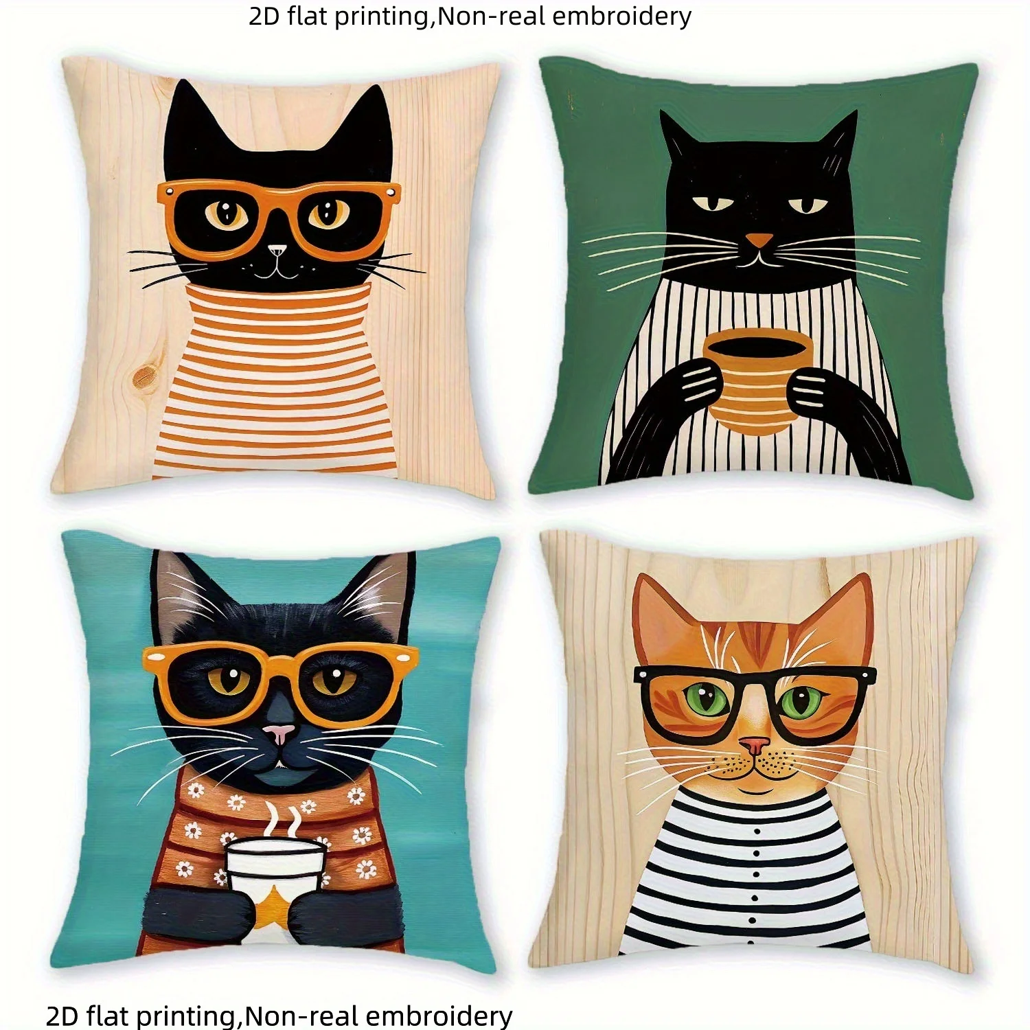 2D Flat - 4pcs of 2D Flat Printed Pillow Covers Featuring a Cat with Glasses Design, Made of Polyester Fiber