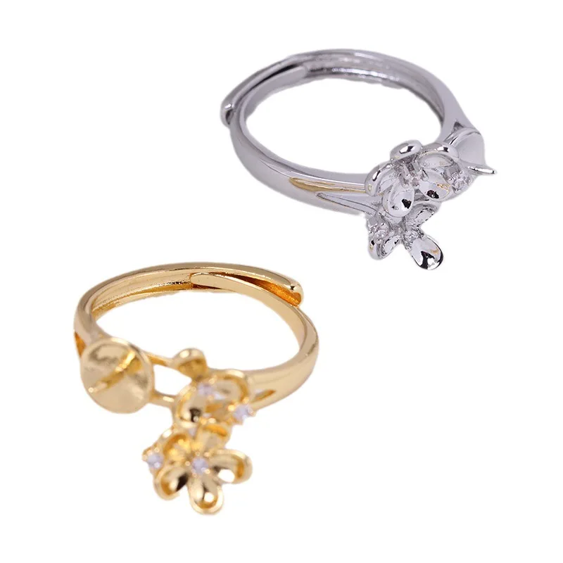 

JZ058 Copper Gold Plated Flower Simple Pearl Jade Adjustable Pearl Ring Blank Empty Setting DIY Jewelry Findings