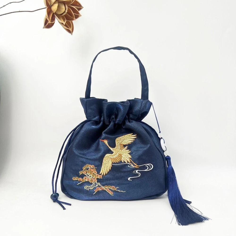 

Ethnic Style Embroidery Drawstring Bag Silk Satin Flower Bucket Bag Chinese Style Handbag Ancient Style Hanfu Accessories
