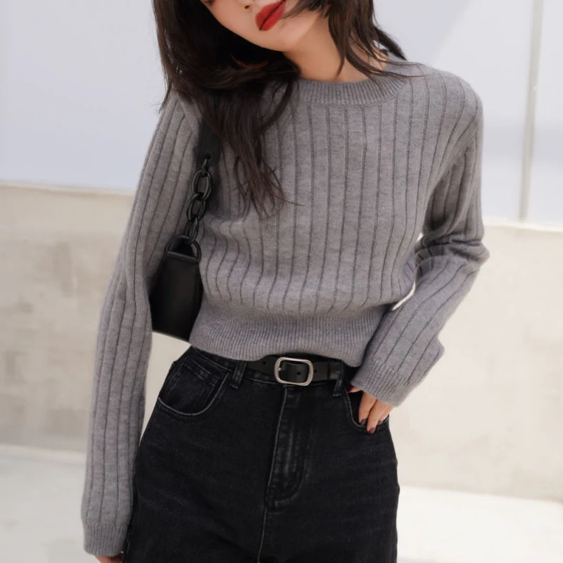 Knit Cropped Sweaters Women Simple Solid Loose Chic Cozy Leisure All-match Streetwear Students Ulzzang Harajuku Y2k Ins Fashion