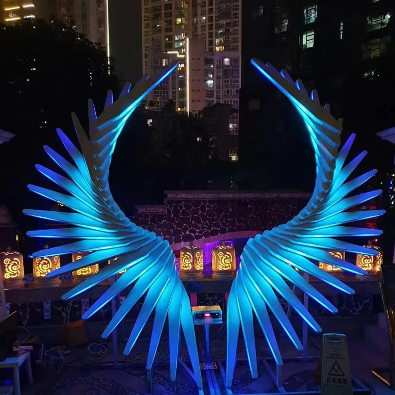 REAQ Stainless Steel LED Lighted Wing Sculpture 5*15*4m Garden Decoration Outdoor Waterproof Interactive Luminous Angel Wings