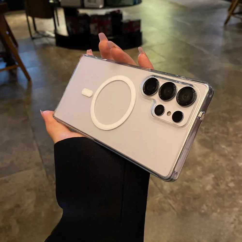 حافظة مغناطيسية أصلية شفافة غير لامعة لهاتف سامسونج جالاكسي S25 الترا بلس S24 شحن لاسلكي رفيع ونحيف مضاد للسقوط