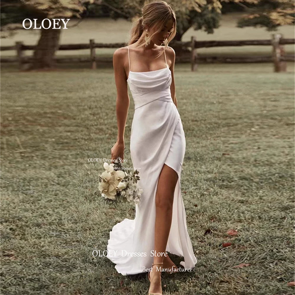 

OLOEY Simple Ivory Satin Wedding Dresses Sweep Train High Slit Floor Length Bride Gown Bridesmaid Dress Robe de mariage Backless