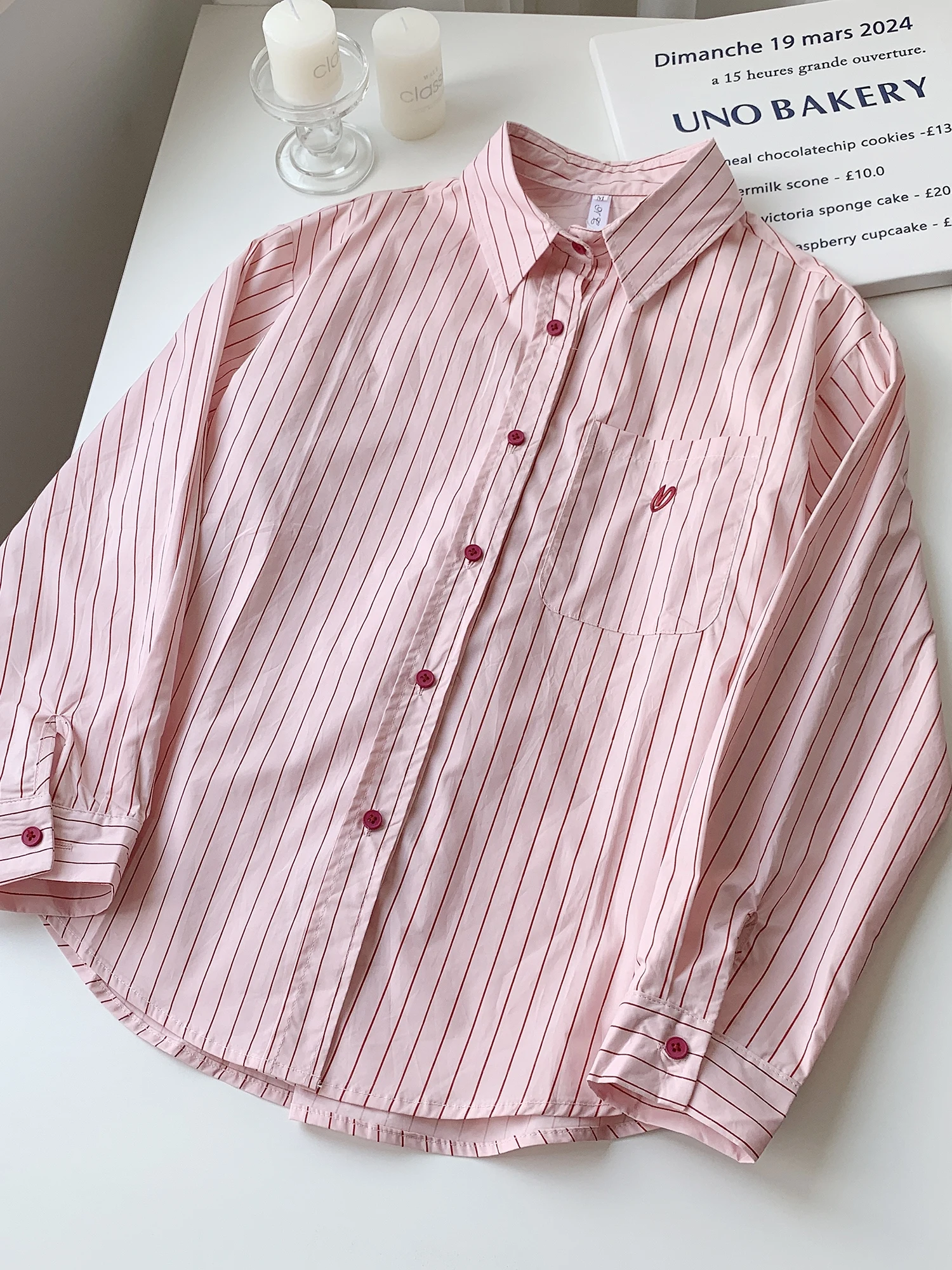 Korean Sle Long Sve  Ne ket Embroidery Striped Women's irt Spring Autumn New Arrival Casual Comfortable Cotton