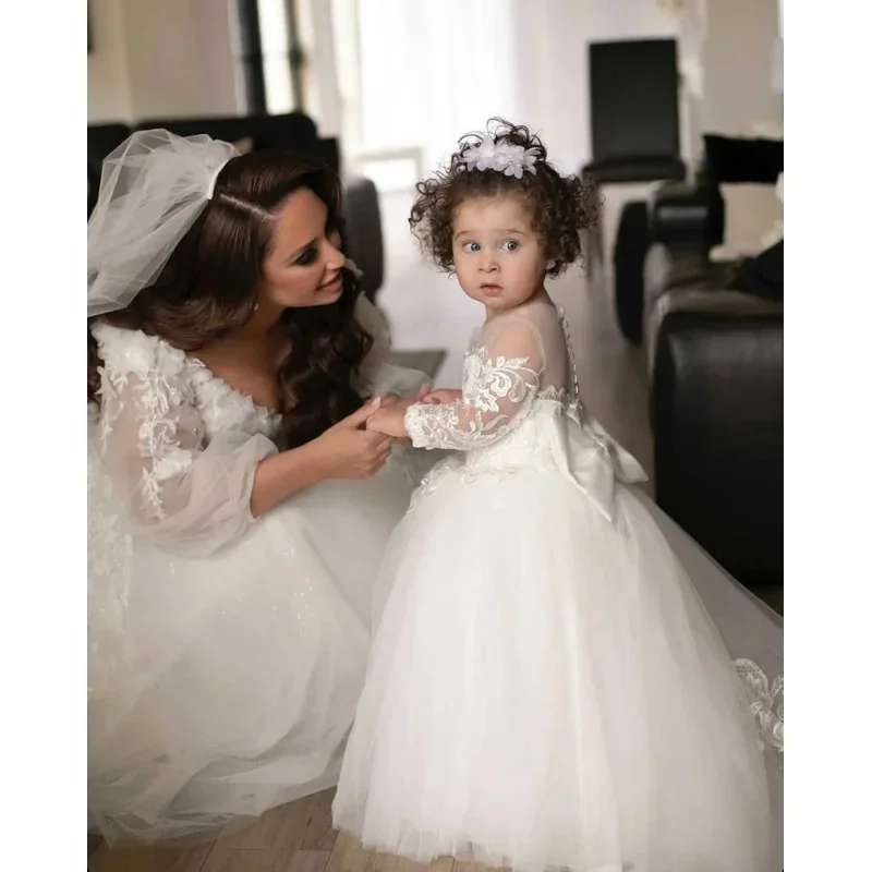 Babyonline long sleeve white ivory flower girl dresses for wedding guest child kids bridesmaid lace floral tulle skirt ball gown