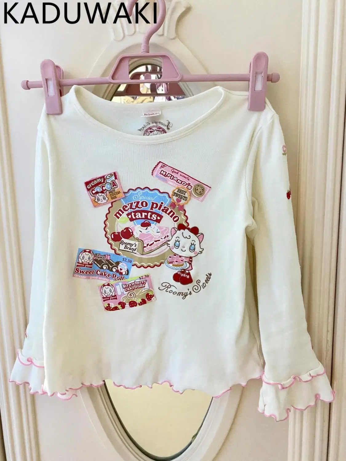 

Japanese Cute Sweet Simple Print Top O-neck Flare Long Sleeve Tshirt Streetwear All-match Casual Aesthetic Y2k Clothes Summer