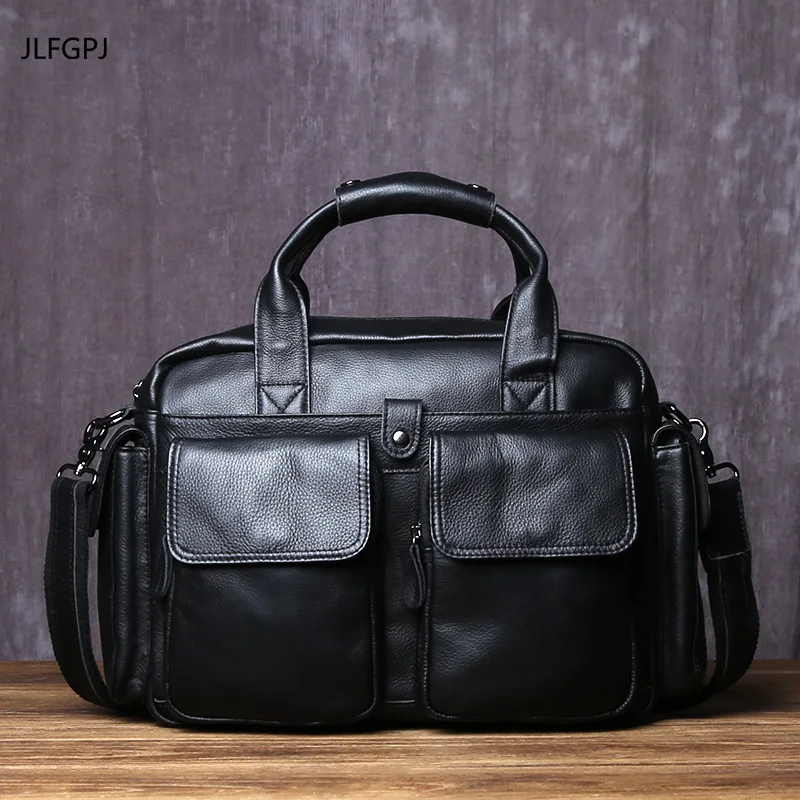 JLFGPJ Multi Pocket Men\'s Horizontal Genuine Leather Handbag With Large Capacity Top Layer Cowhide Retro Casual Crossbody Bag