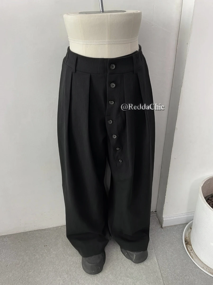 REDDACHiC Irregular Buttons Dress Pants Women Men Black Elastic Waist Wide Leg Pleated Front Suit Trousers Work Casual Clothes