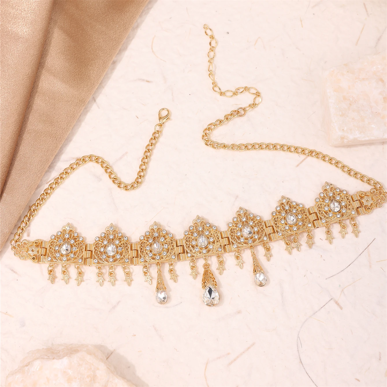 Turkish Wedding Head Piece Gold Color Hair Accessories For Women Wedding Rhinestone Hair Accessories For Moroccan Bride Necklace