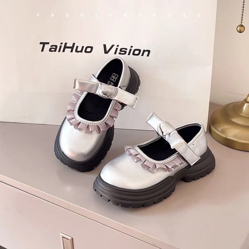 Petites chaussures en cuir pour filles, chaussures à plateforme avec nœud vent, bouche carrée, princesse, nouvelle collection printemps et automne 2025