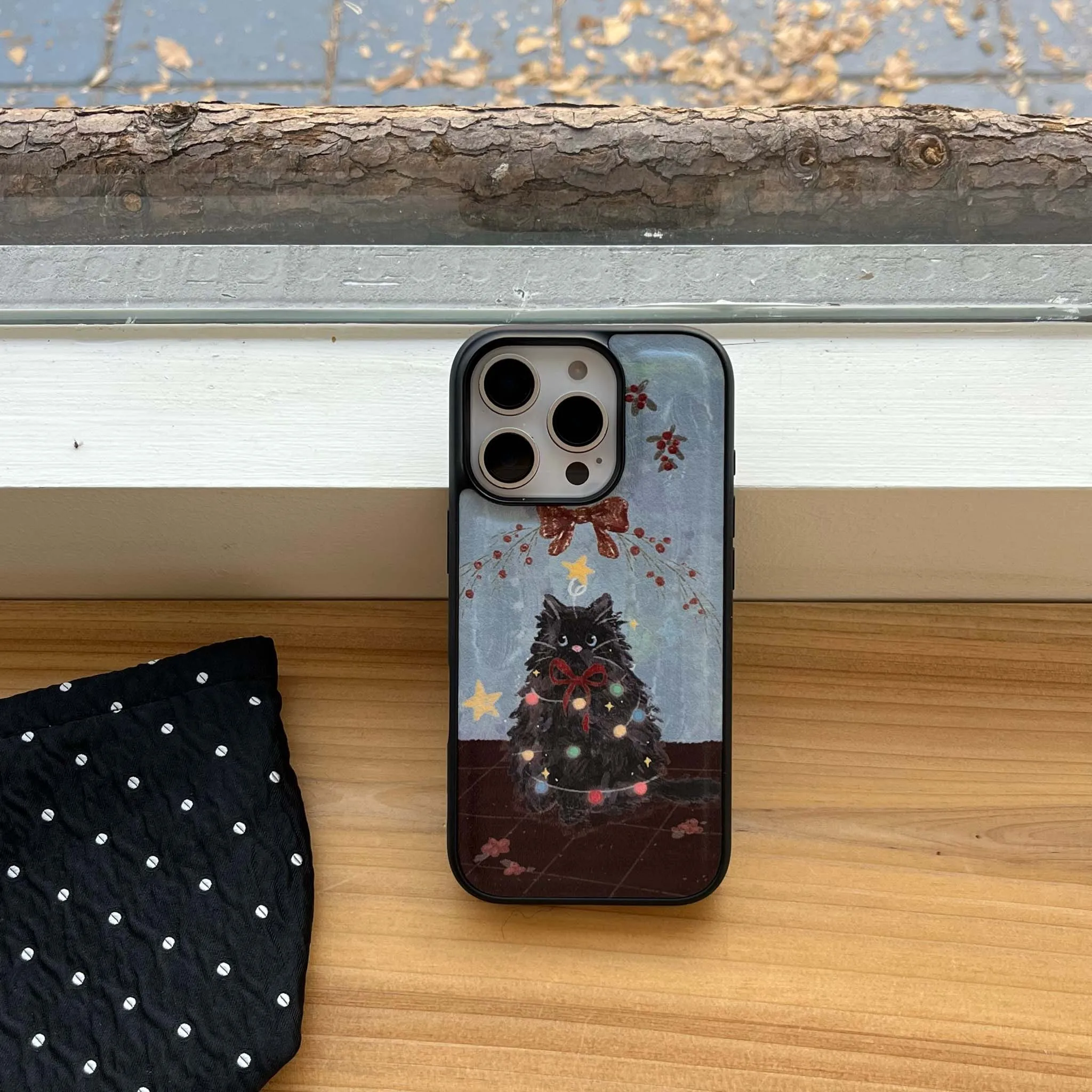 Christmas Tree Cat colorful bow stars leather phone case for iphone 12 13 14 promax 16 15 pro max cute cartoon back cover