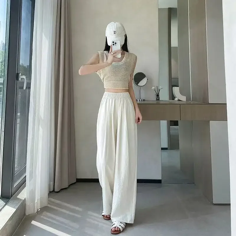 กางเกงผู้หญิงฤดูร้อนกางเกงขากว้างผ้าฝ้ายเอวยางยืดหลวม Fit Elegant Casual Chic จีบอเนกประสงค์ Breathable สูง