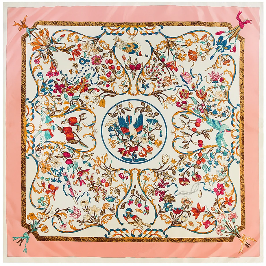 

Шелковый платок класса люкс 130 см с цветочным и птичьим принтом, зимний квадратный шарф, большой фулярд из твила для женщин