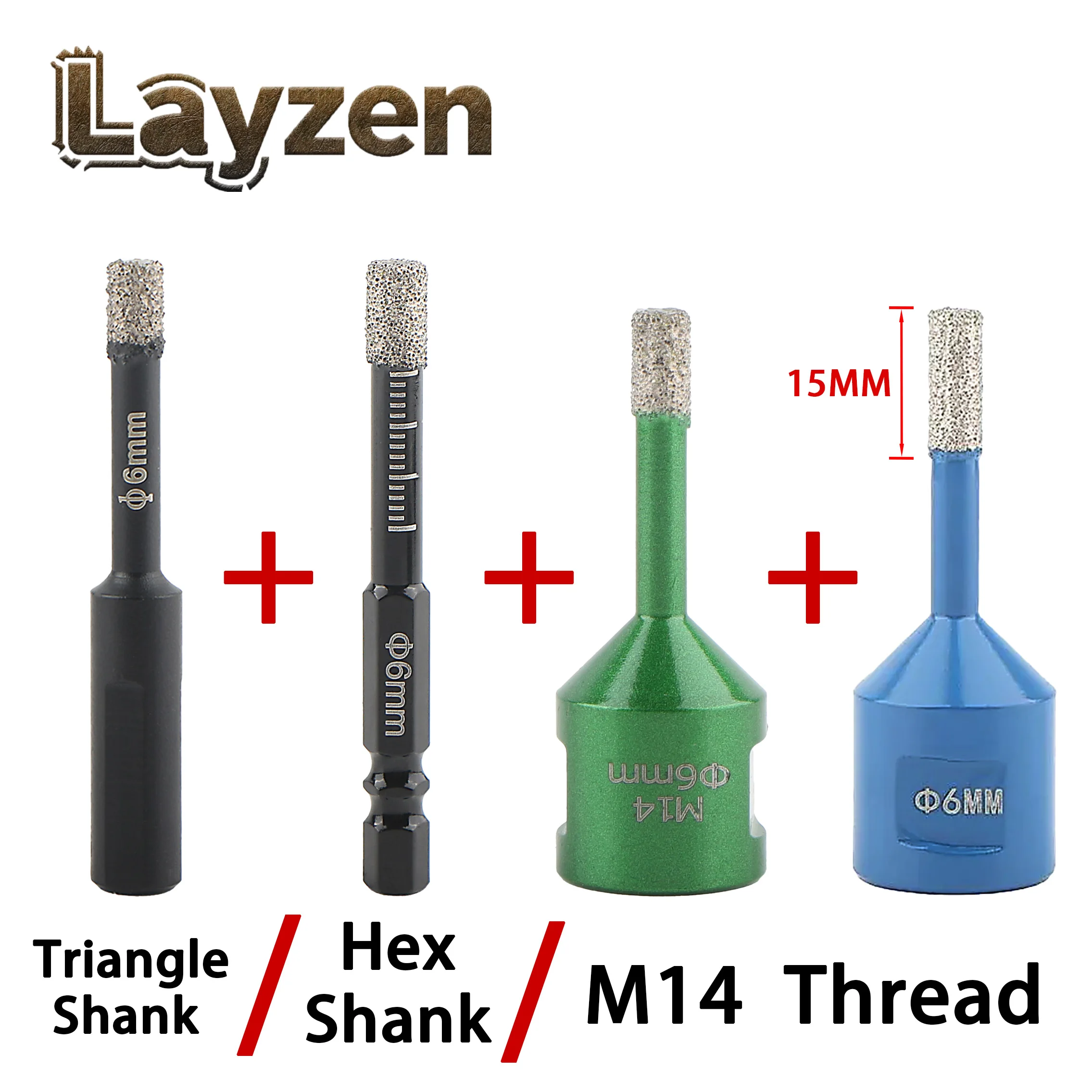 

Layzen 4Pcs Diamond Drill Bits Set Triangle Hex M14 Shank Built in Cooling Wax Hole Saw for Porcelain Tile Marble Glass Ceramic
