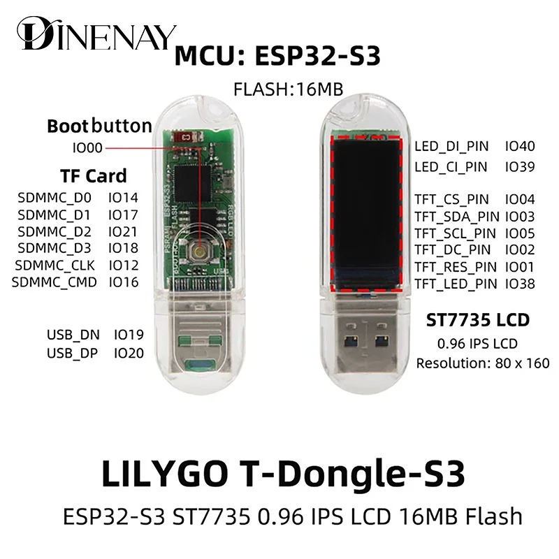 T-Dongle-S3 ESP32-S3 Development Board With Screen Dongle 0.96 Inch ST7735 LCD Display Support WiFi Bluetooth TF Card