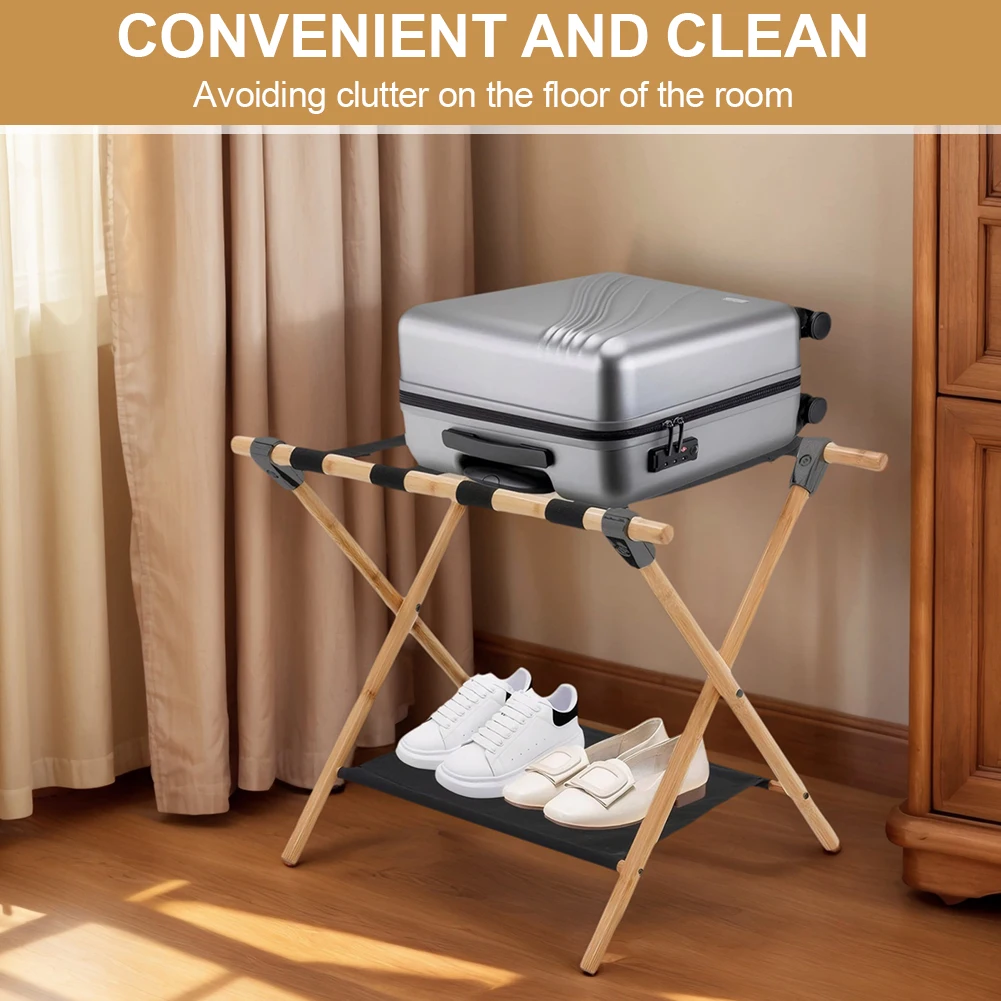 Portable Bamboo Suitcase Holder Stand Foldable Hotel Guest Room Luggage Rack Multi-Purpose Shoes Storage Shelf Organizer Bracket