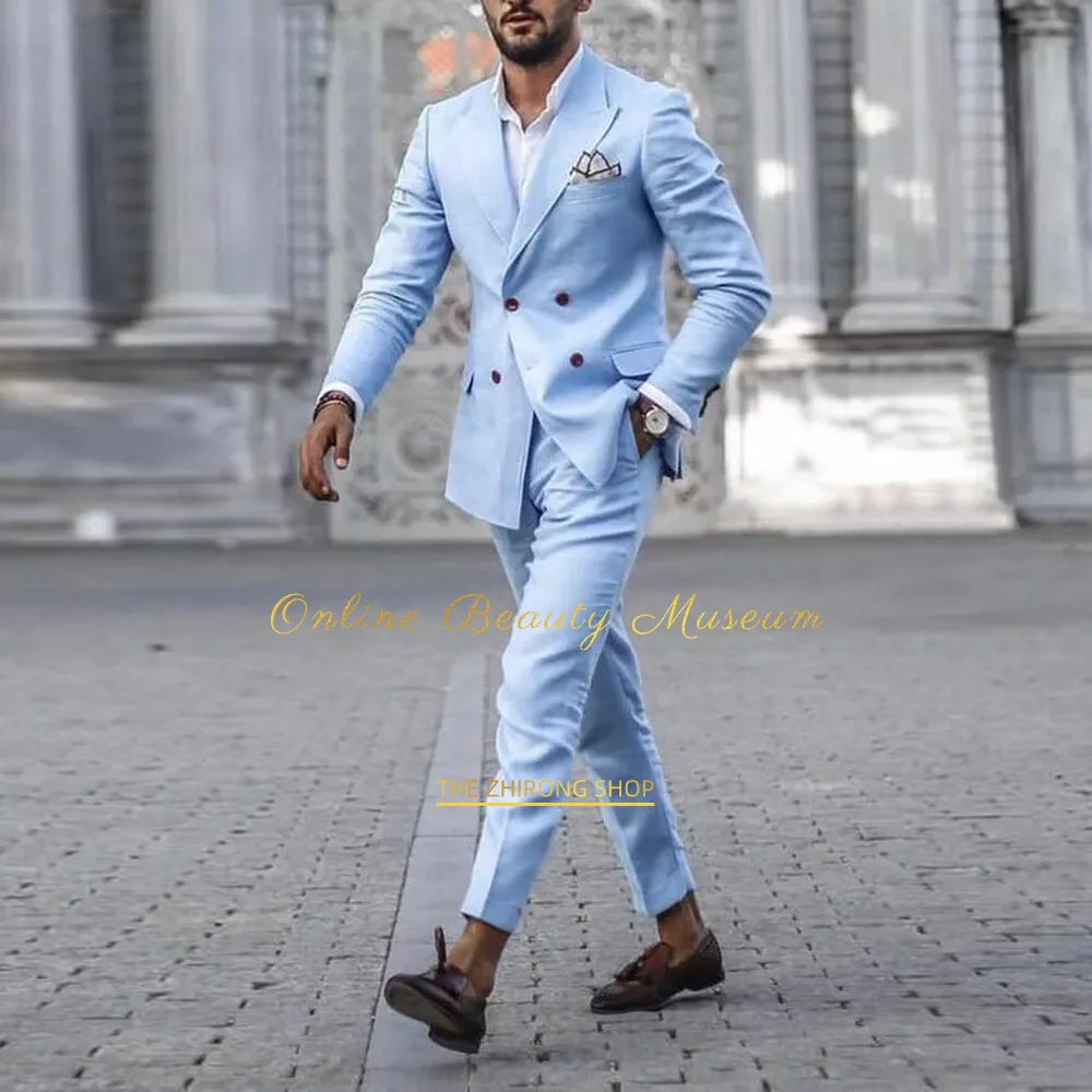 Traje azul de 2 piezas para hombre, chaqueta de doble botonadura con solapa de pico y pantalones, vestido de ceremonia de boda, graduación,