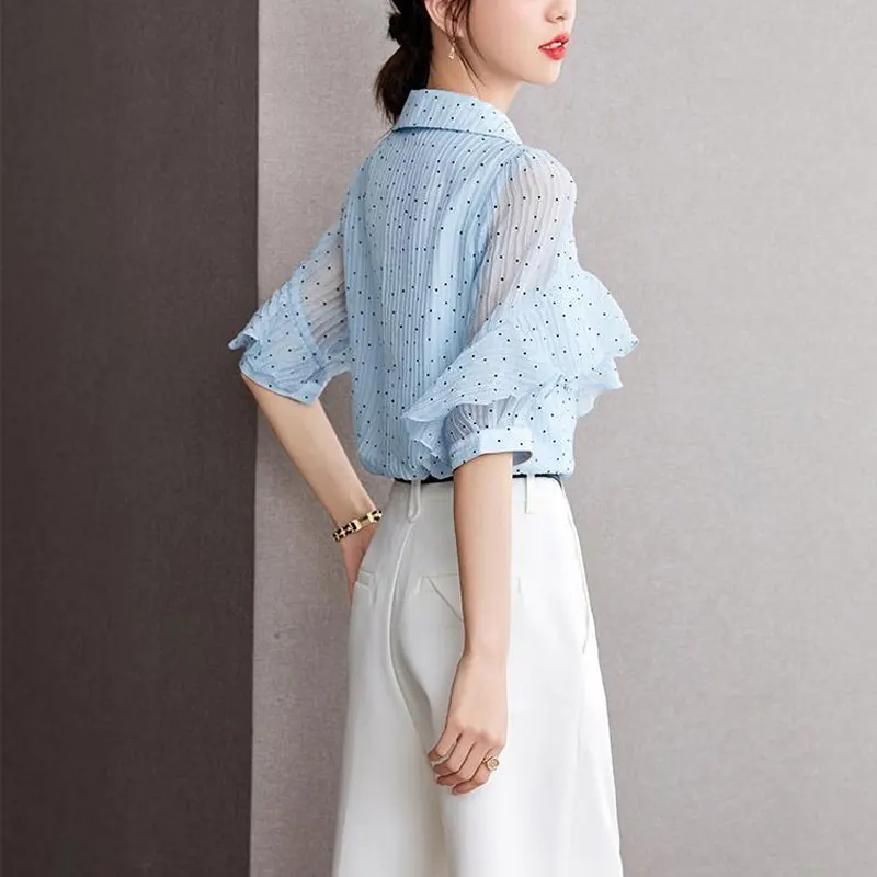 Office Lady Polka Dot Shirt Sweet Ruffles Spliced Women\'s Clothing Commute Single-breasted 2024 Summer Short Sleeve Lapel Blouse