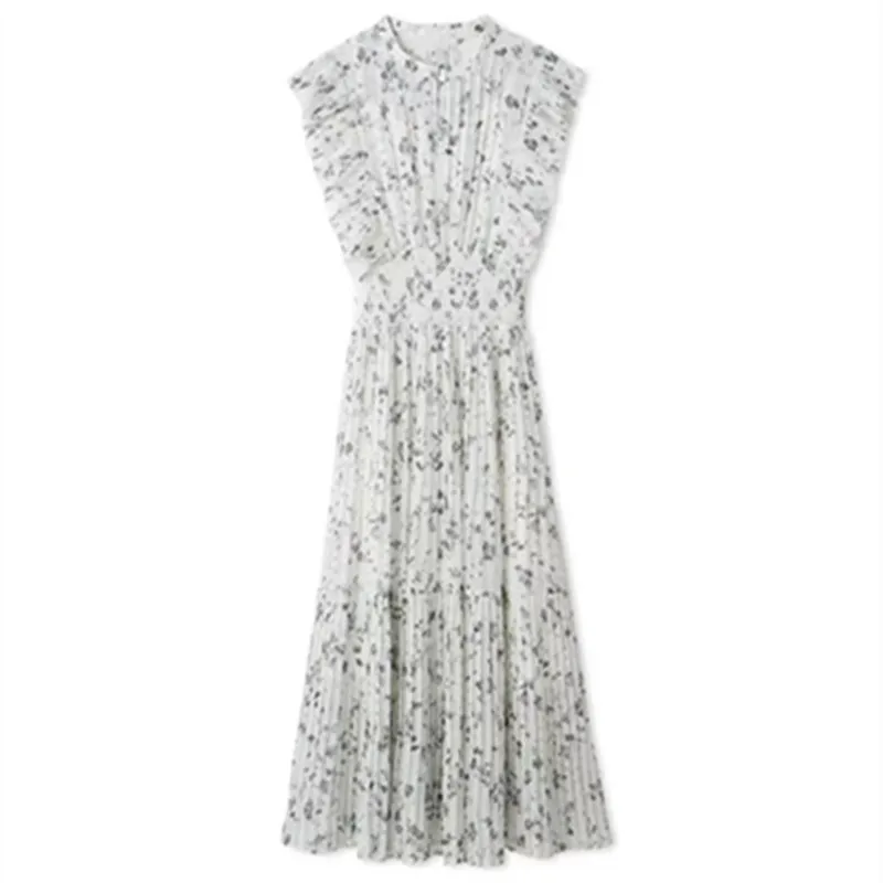 Magogo novo doce o pescoço manga voadora vestido babados chiffon impressão retalhos plissado robe japão elegante literário casual vestidos