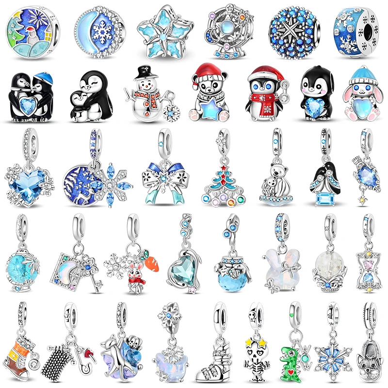 Original 925 Sterling Silver Charms Beads Winter Snowflake Snowman Igloo Penguin Pendants Fit Bracelet Charms Women Jewelry Gift