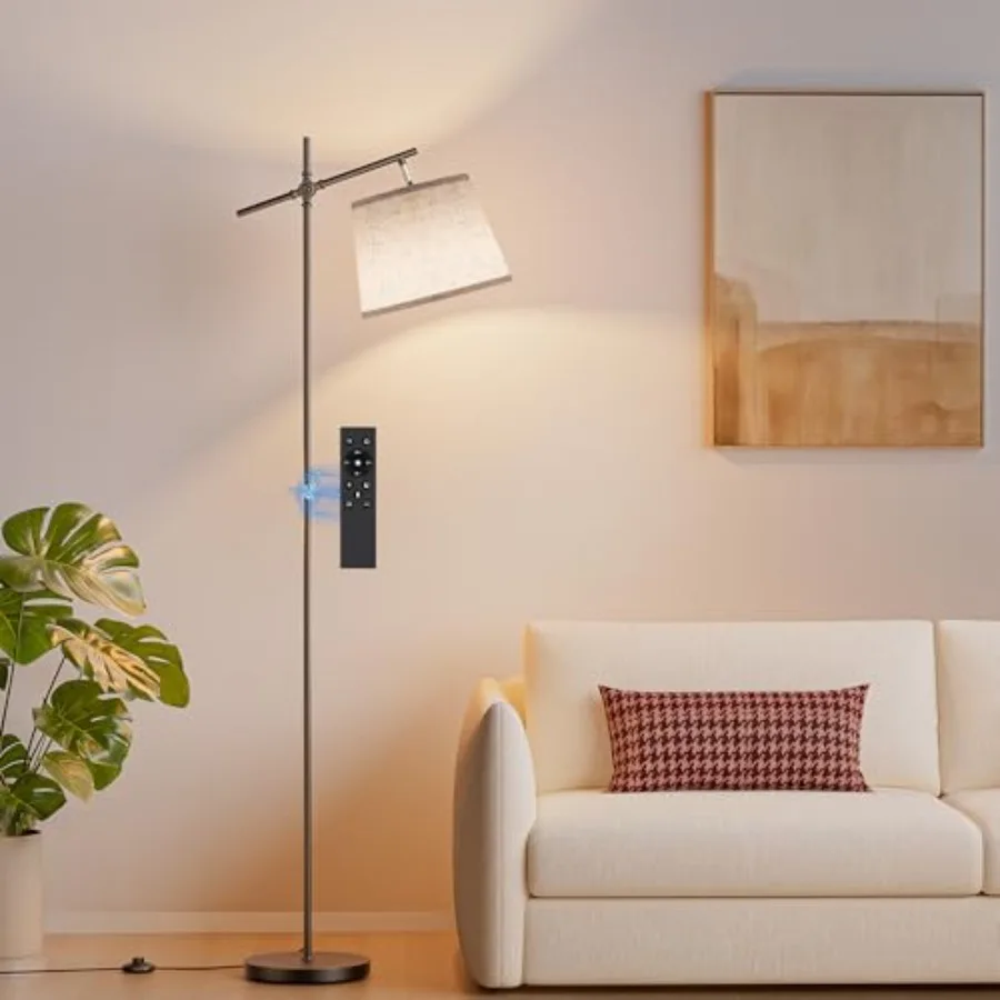 

Floor Lamp with Linen Shade, Dimmable Tall Standing Lamp with Remote Control and 3 Color Temperatures Bulb, Modern Swing Arm Fl