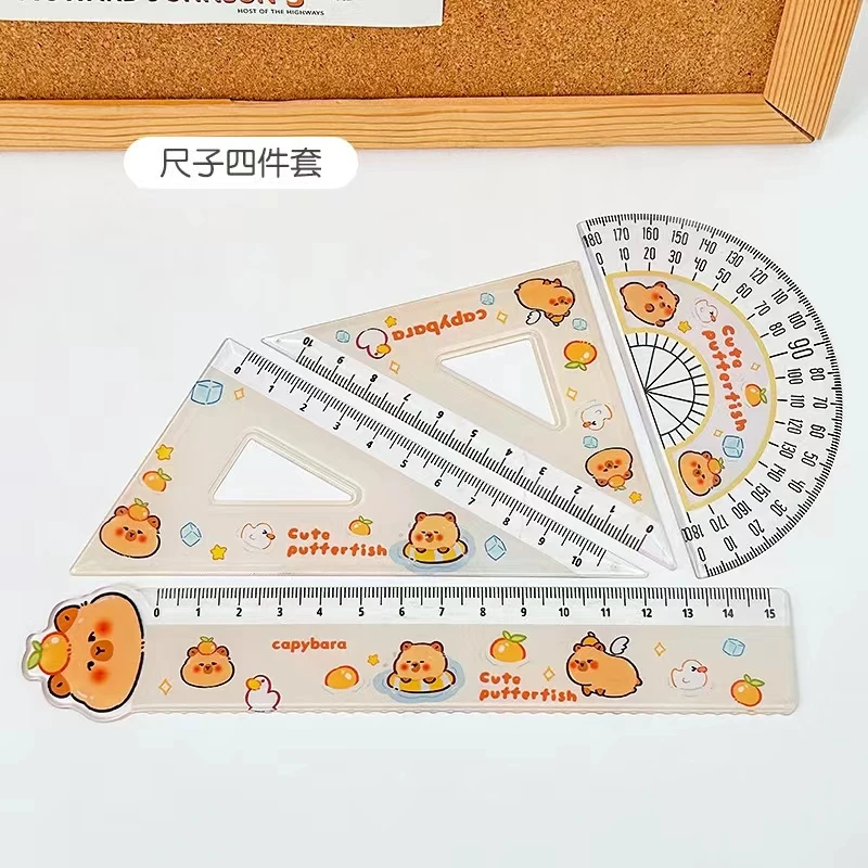 2024 Capybara Anime Kawaii Cartoon Ruler Set Cute Cartoon Students Stationery Triangle Protractor Set Kids Gifts