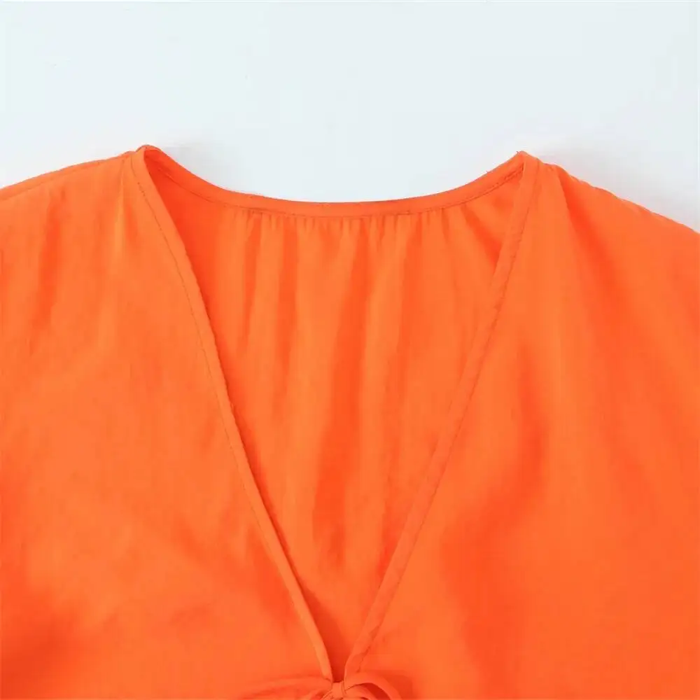 Summer New Product Women's Style Slim Fit V-Neck Long Sleeve Lace Up Flowing Short Shirt Top