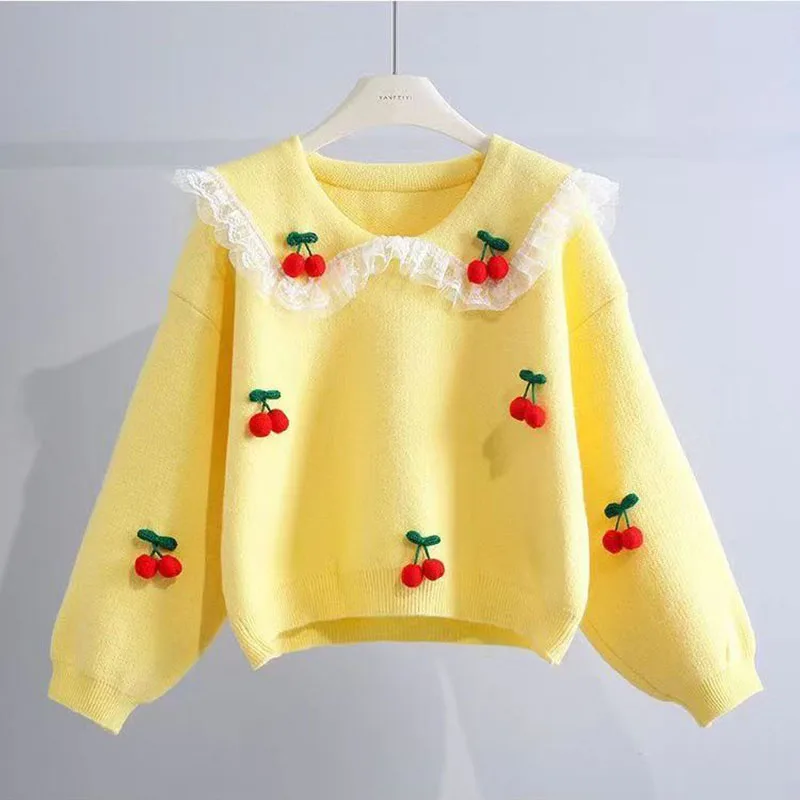 Lace Navy Collar 3D Cherry Pullover Sweater Women Autumn Winter New Korean Knitted Long Sleeve Top Pull Femme Sweater