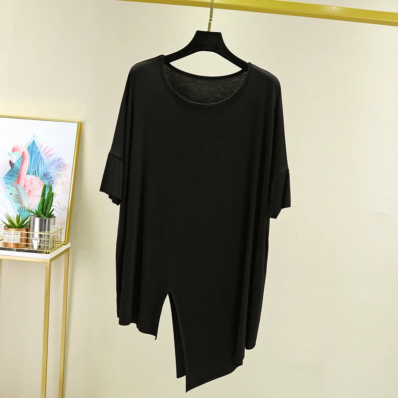 Loose Fit Dancewear T-Shirt for Women Short Sleeve Modal Mid-Length Base Shirt Asymmetrical Hemline Korean Style round Neck