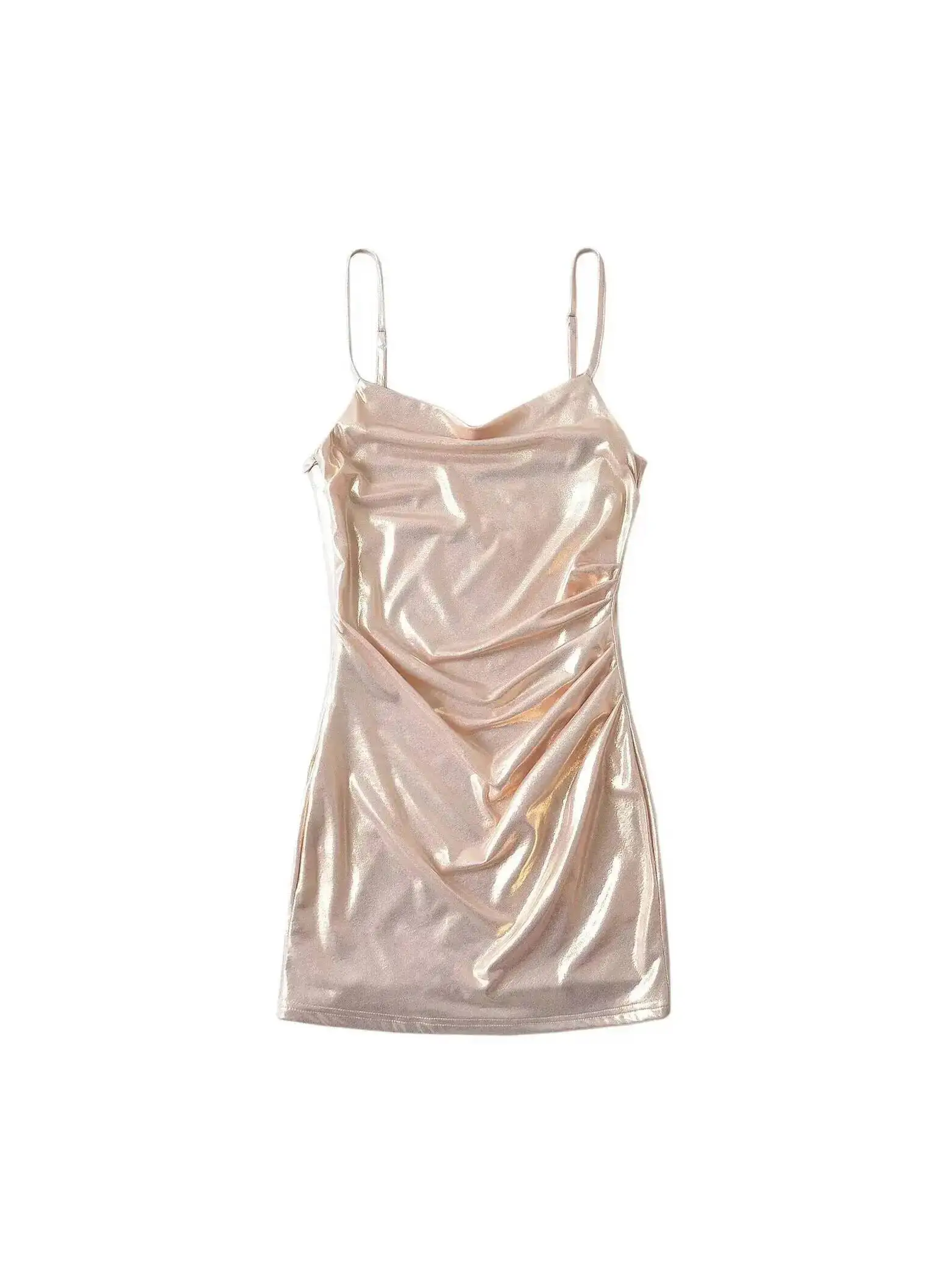 Puro desiderio abito con scollo a V elegante per le donne estate pieghettato lusso oro Pu moda donna serbatoio mini abito dolce coreano 2025 nuovo 84Z