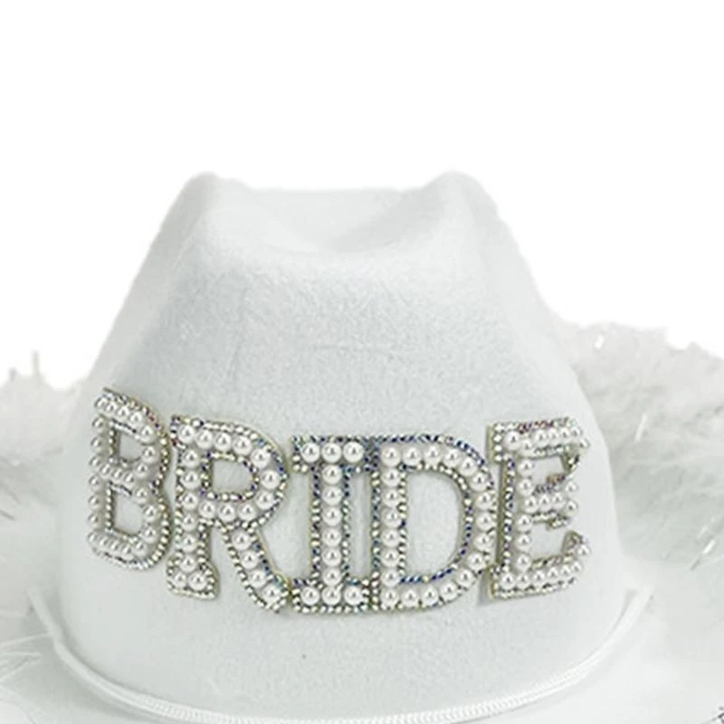 Elegant Girl Cowboy Hats Plush Trim&Pearl BRIDE Letter Hat for Wedding Party