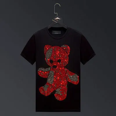 2024 Summer T Shirts Women Clothing Cartoon Bear Rhinestones Fashion Streetwear O Neck Slim Ladies Tshirt Short Sleeve Femme